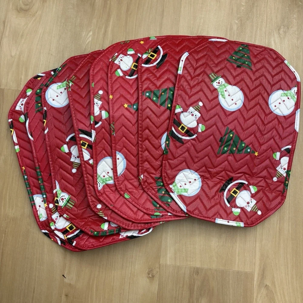 Vintage Christmas Holiday Quilted Vinyl Placemats (8) Santa Snowman Red